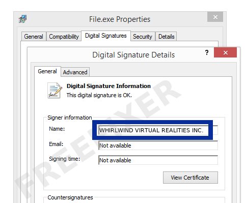 Screenshot of the WHIRLWIND VIRTUAL REALITIES INC. certificate